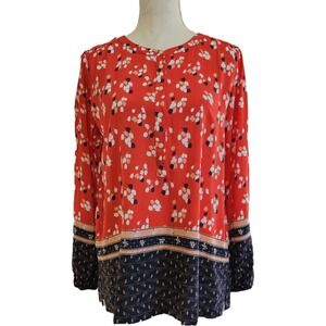 NWT Loft $55 Red & Navy Floral Multi Pattern Popover Blouse Size S